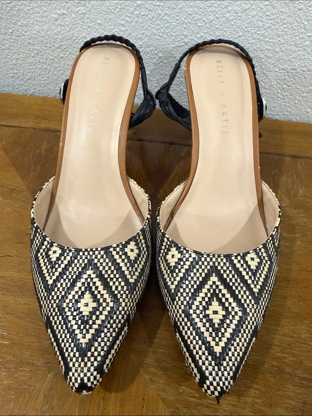 Kelly & Katie Black and Cream Pointed-Toe Braided Slingback Heels